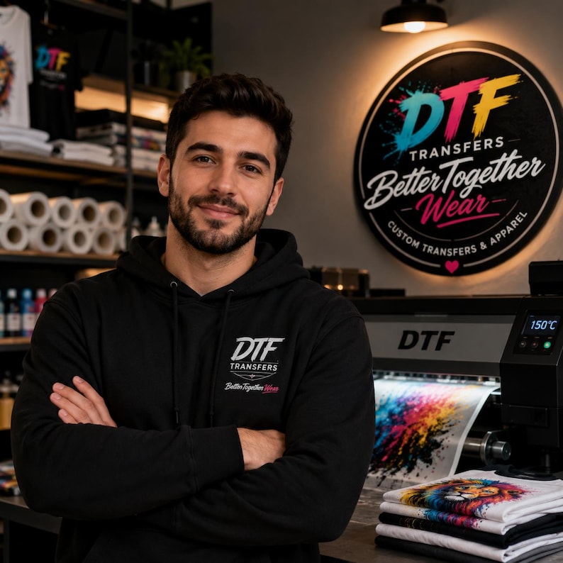 May include: A man wearing a black hoodie with the text "DTF TRANSFERS Better Together Wear" stands in front of a DTF printing machine. A sign with the text "DTF TRANSFERS Better Together Wear CUSTOM TRANSFERS & APPAREL" is visible.