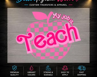Pink Checkered Apple DTF Transfer, Teach Shirt Heat Transfer, Preppy Teacher Print