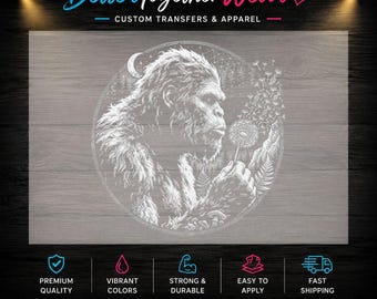 Bigfoot Dandelion DTF Transfer, Vintage Sasquatch Forest Graphic, Ready to Press (11in)