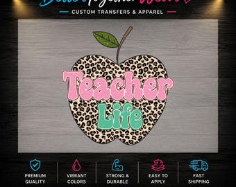 Teacher Life Leopard Apple DTF Transfer, Retro Teacher Shirt Design, Back To School Print