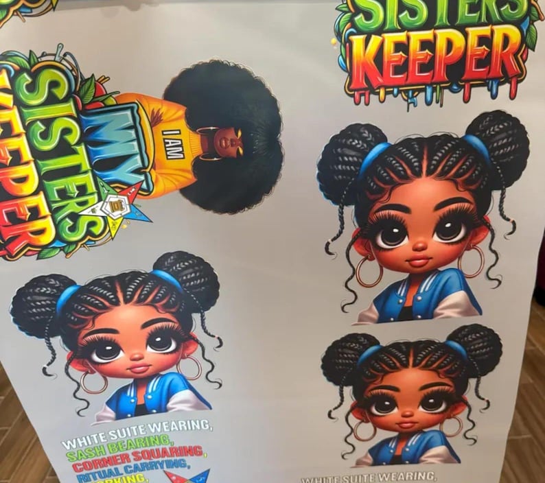 May include: Vibrant graphic featuring the text "Sisters Keeper" with cartoon illustrations. The image includes a woman with a large afro and several stylized portraits of a girl with braided pigtails, wearing a blue and white jacket.