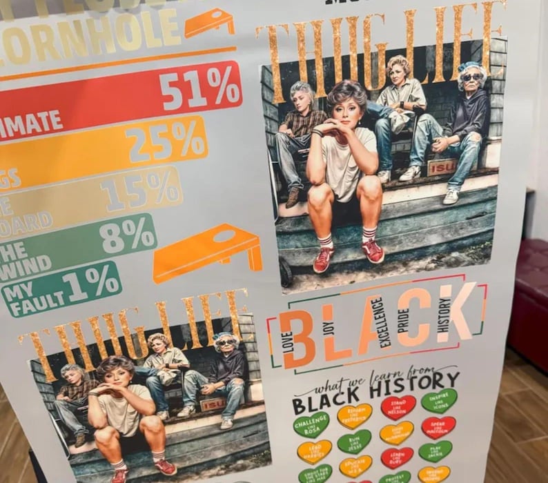 May include: A poster with the text "The Thug Life" featuring a group of women in a parody image. The poster also includes text about cornhole and Black History, with percentages and heart-shaped graphics.