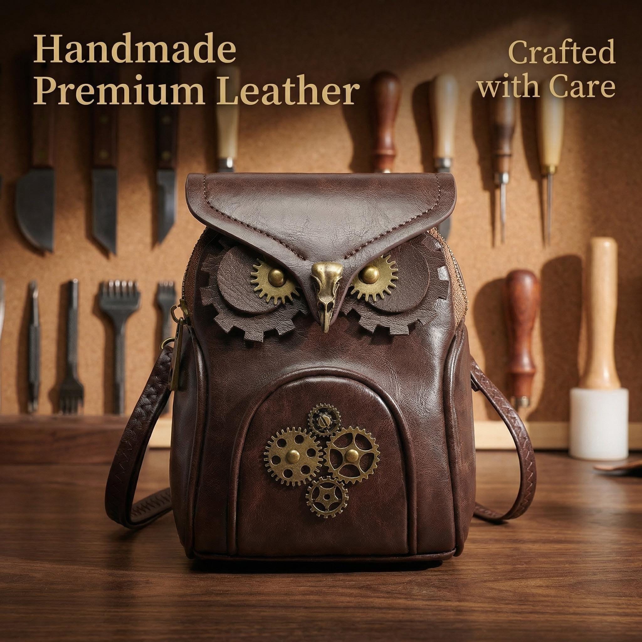 Whimsical Owl Shaped Shoulder Bag, Dark Academia Forest Bird Crossbody, Handcrafted Style Brown Leat