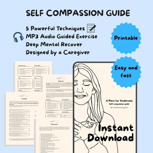Cuaderno de trabajo de autocompasión / Guía para aliviar el estrés, reinicio de la salud mental, meditación guiada de escaneo corporal, descarga digital.