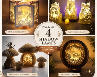Pack of 4 Shadow Lamp SVG Bundle | Fairy Night Light Templates | Cricut & Laser Cut Files | 3D Paper Lamp Digital Download
