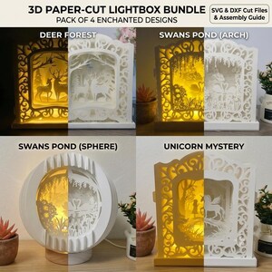 Puede incluir: Un paquete de cajas de luz de papel cortado en 3D con cuatro diseños encantados: Deer Forest, Swans Pond Arch, Swans Pond Sphere y Unicorn Mystery. Incluye archivos de corte SVG y DXF y una guía de montaje para el arte en papel.