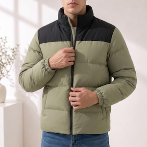 Doudoune homme vert armée à empiècements contrastés, parka d'hiver épaisse