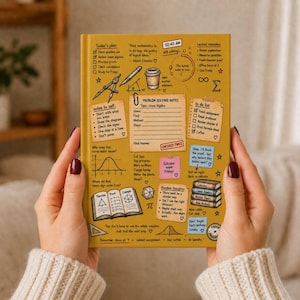 May include: A mustard yellow notebook cover featuring a printed design of maths-themed illustrations, including a compass, a coffee cup, a bell curve graph, an open textbook, and various handwritten-style notes, checklists, and sticky note graphics.