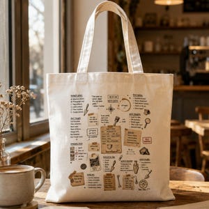 Puede incluir: Un bolso de tela color crema con un estampado gráfico detallado en negro y marrón de un diario de campo arqueológico. El diseño incluye listas de tareas, bocetos de herramientas, notas manuscritas y una ficha de campo con texto.