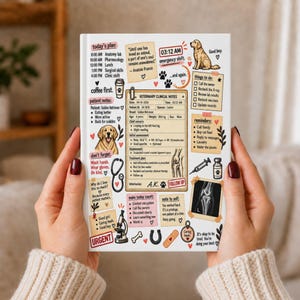 May include: A white notebook cover featuring a veterinary clinical notes theme with illustrations of a Golden Retriever, a stethoscope, a microscope, an X-ray, and various checklists. The text includes "today's plan," "patient notes," "things to do," and "reminders" with medical details for a canine patient.