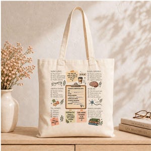 May include: A cream-colored canvas tote bag featuring a printed psychology-themed design. The graphic includes checklists for today's plan, lecture reminders, and executive functions, alongside a central clipboard labeled Psychology Observation Notes.