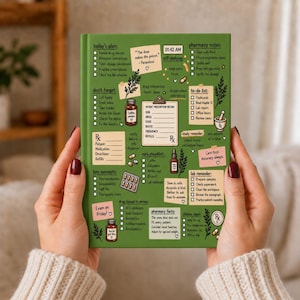 May include: A green notebook cover featuring a printed pharmacy-themed study planner. The design includes checklists, a patient prescription record, medication illustrations, and text such as 'today's plan', 'don't forget', 'to-do list', and 'pharmacy facts'.