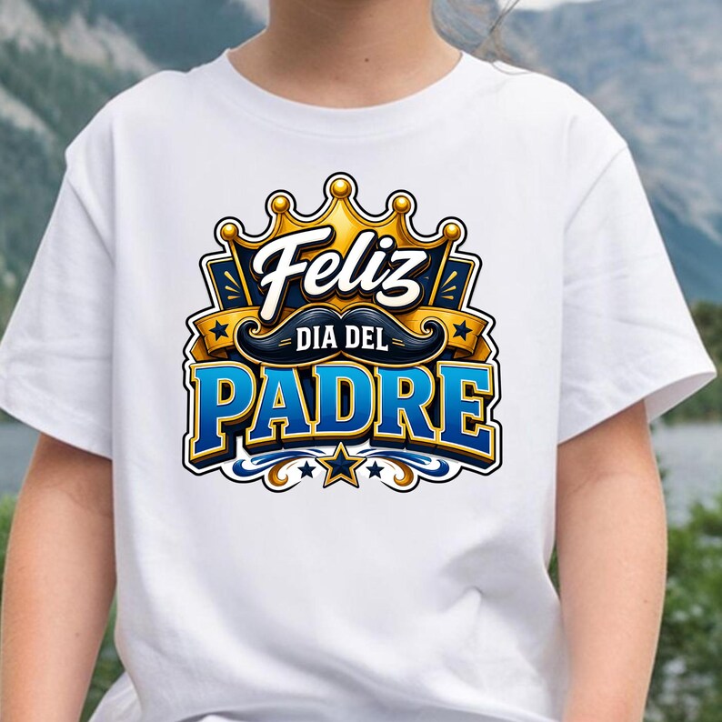 May include: White t-shirt featuring a colorful graphic design. The design includes the words "Feliz Dia Del Padre" in blue and gold, with a crown and mustache. The shirt is suitable for Father's Day.
