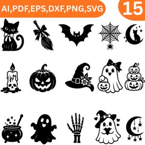 May include: A collection of fifteen black silhouette graphics featuring Halloween themes including a cat, broom, bat, spider web, moon, candle with skull, pumpkin, witch hat, ghost, cauldron, and skeleton hand, with text AI, PDF, EPS, DXG, PNG, SVG.