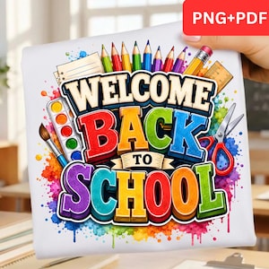 May include: A white fabric surface featuring a colorful graphic with the text "WELCOME BACK TO SCHOOL" in bold, multi-colored letters. The design includes illustrations of colored pencils, a paintbrush, a paint palette, scissors, and a ruler.