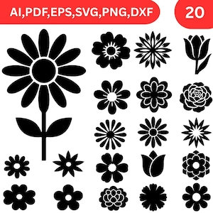 Può includere: Una collezione di 20 disegni di fiori neri in vari stili, tra cui margherite, tulipani e rose. L'immagine include il testo "AI, PDF, EPS, SVG, PNG, DXF" nella parte superiore, che indica i formati di file.