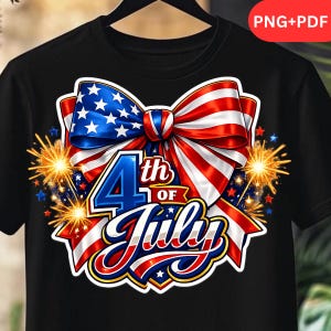 May include: Black t-shirt featuring a patriotic design for the 4th of July. The graphic includes a red, white, and blue bow with stars and stripes, the text "4th of July", and fireworks.