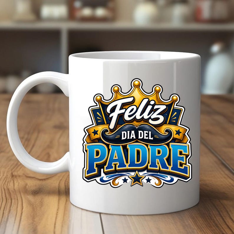 May include: White ceramic mug featuring a colorful design for Father's Day. The design includes a gold crown, a mustache, and the text "Feliz Dia Del Padre" in blue and white. The mug has a curved handle.