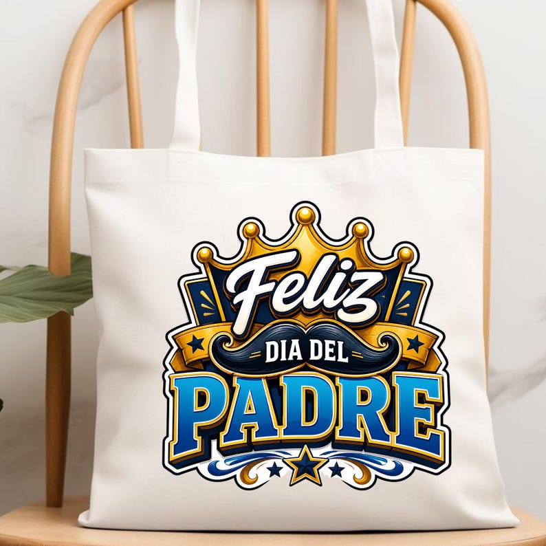 May include: White tote bag with the text "Feliz Dia Del Padre" in blue and gold, featuring a crown and mustache design. The bag has two white handles and is displayed on a wooden chair.