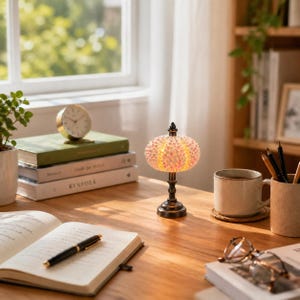 Puede incluir: Una lámpara de mesa decorativa con una pantalla estampada en rosa y amarillo se encuentra sobre un escritorio de madera. La lámpara tiene una base de metal oscuro y un remate detallado. Otros elementos en el escritorio incluyen libros, un reloj, una taza y un cuaderno con un bolígrafo.