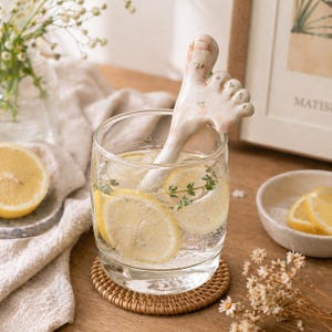 May include: A clear glass with a refreshing drink, lemon slices, and herbs. A ceramic thumb-shaped stirrer is in the glass. The glass is on a woven coaster, with a lemon half and flowers nearby. The drink is a refreshing summer beverage.