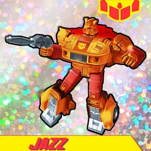 Könnte beinhalten: Ein gelbes und rotes Roboter-Spielzeug mit einer Pistole in der Hand. Der Roboter steht auf einem glitzernden Hintergrund. Der Roboter ist mit "Jazz Autobot Car" beschriftet.