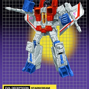 May include: A white, red and blue robot toy with a jet fighter design. The robot is in a standing pose with its arms outstretched. The robot has a black face with a purple visor. The text "EVIL DECEPTICON STARSCREAM" is printed below the robot.