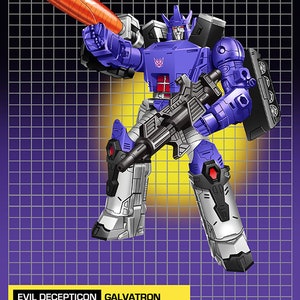 May include: A purple and grey robot toy with a red chest plate and a large gun. The robot is holding a large orange weapon in its right hand. The robot is standing on a purple and yellow grid background. The text "EVIL DECEPTICON GALVATRON" is printed below the robot.