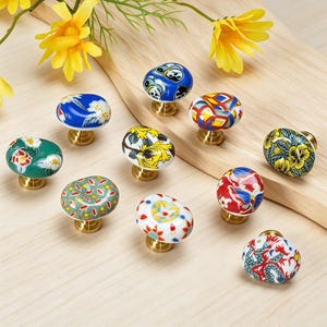 Vintage Ceramic Cabinet Knobs, Floral Hand-Painted Drawer Pulls, Brass Base Unique Home Accents