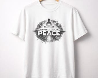 Camiseta "Protege tu paz" / Camiseta con silueta de meditación y mantra zen.