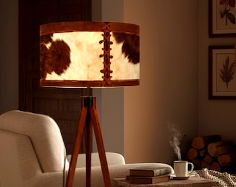 Cowhide Tripod Floor Lamp | Saddle House Collection | Western Farmhouse Lighting | Faux Leather Print Shade