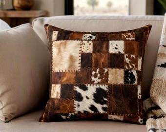 Cowhide Patchwork Throw Pillow, Rustic Western Ranch Decor, Poly Canvas Pillow