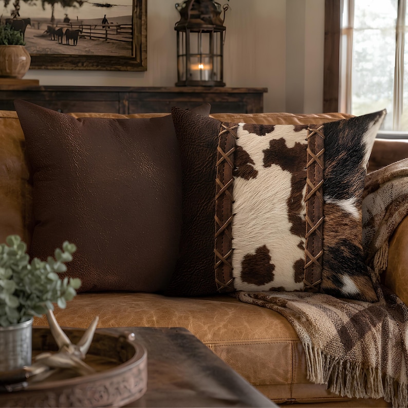 Two square throw pillows. One is solid dark brown with a textured surface. The other features a dark brown side, a central panel of white and brown cowhide print, and a right side of brown and black cowhide print , joined by realistic looking printed laced leather strips.