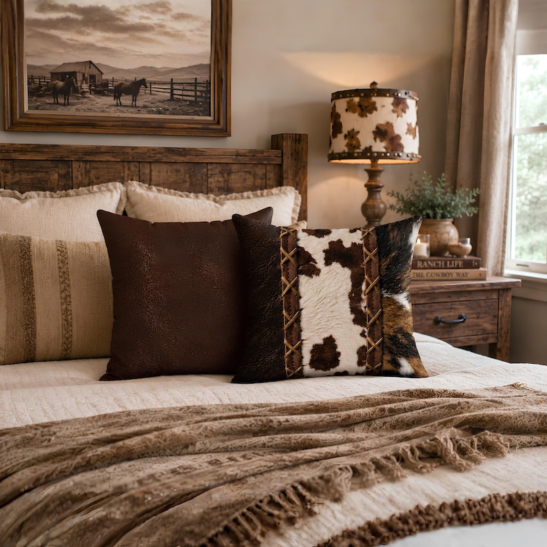 May include: Two square throw pillows placed on a bed. One pillow is solid dark brown with a textured surface. The other pillow features a central panel of white and brown cowhide print flanked by dark brown sides with decorative crisscross stitching.