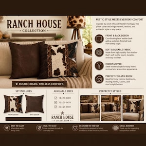 May include: A Ranch House Collection pillow cover set featuring a solid dark brown faux leather cover and a cowhide-patterned cover with vertical stitched detailing. The set includes options for 18x18, 20x20, and 26x26 inch sizes with hidden zippers.