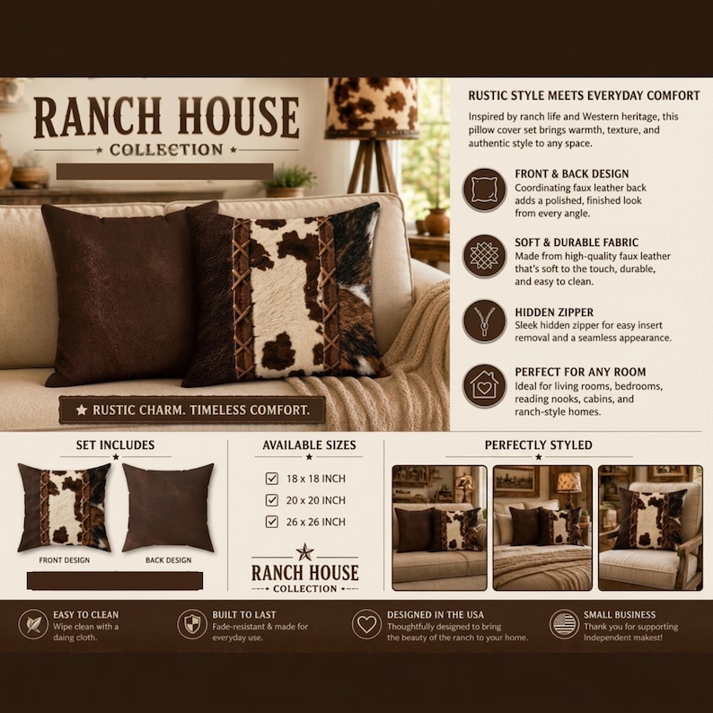 May include: A Ranch House Collection pillow cover set featuring a solid dark brown faux leather cover and a cowhide-patterned cover with vertical stitched detailing. The set includes options for 18x18, 20x20, and 26x26 inch sizes with hidden zippers.