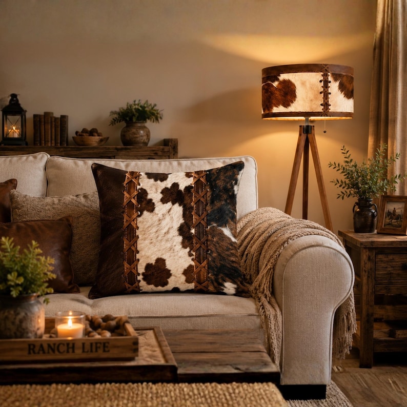 A square throw pillow featuring a central panel of white and brown cowhide pattern flanked by dark brown leather sections with decorative crisscross lacing details.