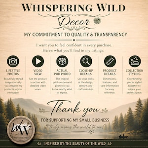 May include: An informational graphic titled Whispering Wild Decor with a commitment to quality and transparency. It features six icons representing lifestyle photos, video views, actual pod photos, close-up details, product details, and collection styling.