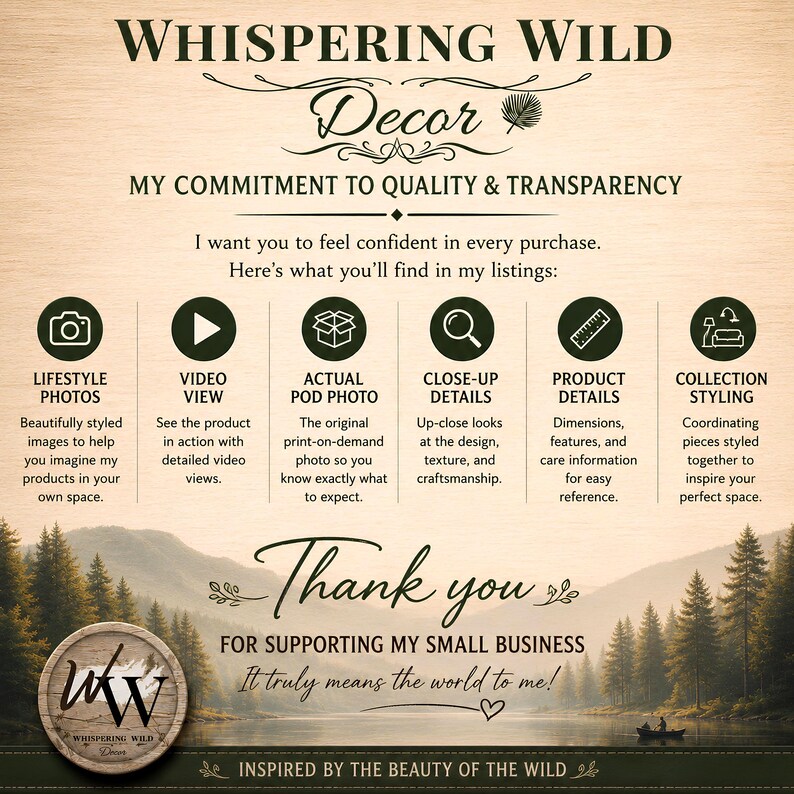 May include: An informational graphic titled Whispering Wild Decor with a commitment to quality and transparency. It features six icons representing lifestyle photos, video views, actual pod photos, close-up details, product details, and collection styling.