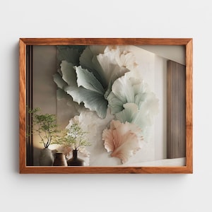 Puede incluir: Una obra de arte enmarcada con un diseño floral en 3D en tonos blancos, verdes y melocotón. El marco de madera rodea la pieza, que también presenta pequeñas plantas en macetas. Decoración mural.