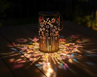 Solar Powered Metal Garden Lantern Featuring Dragonfly and Flower Cutouts Decorative Outdoor Light for Patio, Balcony, or Courtyard