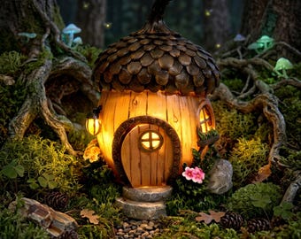 Casetta a forma di pigna luminosa a energia solare, decorazione per giardino delle fate, grazioso ornamento in resina per patio, prato e cortile.