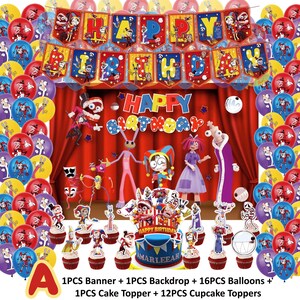 May include: A festive birthday party decoration set. Includes a banner, backdrop, balloons, cake topper, and cupcake toppers. The set features cartoon characters and the text "HAPPY BIRTHDAY" and "AMARLEEAH".
