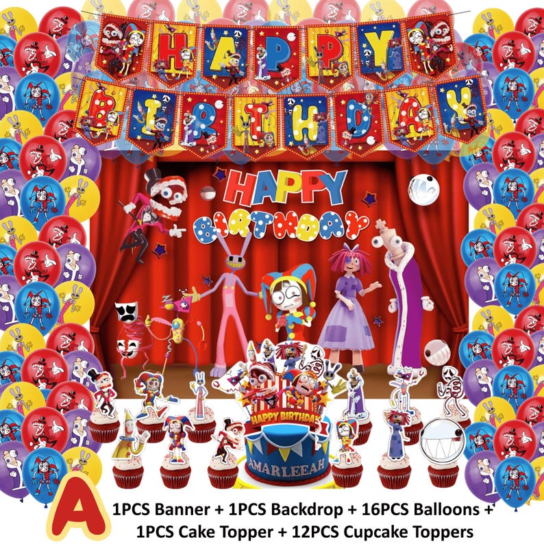 May include: A festive birthday party decoration set. Includes a banner, backdrop, balloons, cake topper, and cupcake toppers. The set features cartoon characters and the text "HAPPY BIRTHDAY" and "AMARLEEAH".