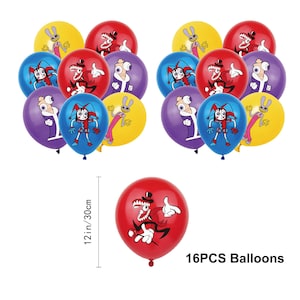 May include: A collection of 16 colorful balloons, each with a unique cartoon character design. The balloons are in various colors, including red, blue, yellow, and purple. One red balloon is 12 inches in diameter. Text on the image reads "16PCS Balloons."