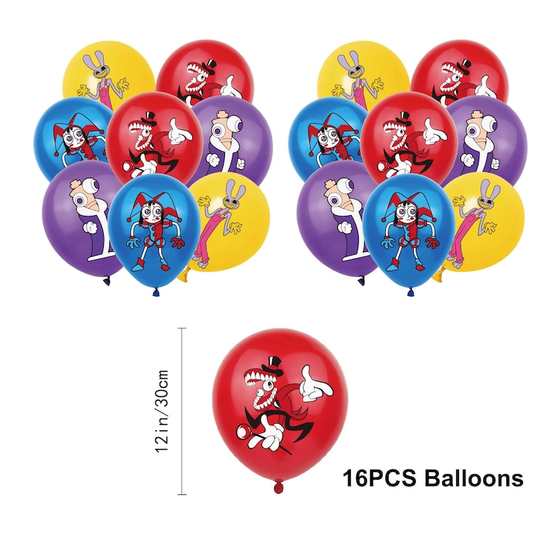 May include: A collection of 16 colorful balloons, each with a unique cartoon character design. The balloons are in various colors, including red, blue, yellow, and purple. One red balloon is 12 inches in diameter. Text on the image reads "16PCS Balloons."