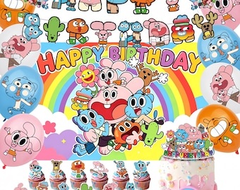 Gumball Geburtstagsparty Zubehör, Cartoon Kinder Dekor Kit, Hintergrund, Luftballons, Banner, Kuchen Topper