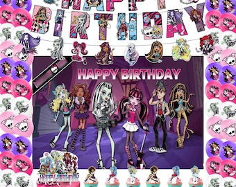 Gothic Monster Geburtstagsdekoration, gruseliges Mädchen-Partyzubehör, rosa lila Hintergrund, Banner, Luftballons, Kuchendeckel-Set