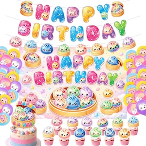 Puede incluir: Un set de decoración para fiestas de cumpleaños con carteles brillantes de 'HAPPY BIRTHDAY', un fondo con dibujos de dumplings en cestas de bambú y adornos para cupcakes a juego. El diseño incluye personajes de dumplings sonrientes.