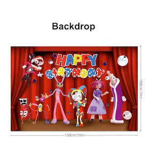 May include: A colorful birthday backdrop featuring cartoon characters and the words "HAPPY BIRTHDAY". The backdrop is 100cm (39in) high and 150cm (59in) wide, with a red curtain background.